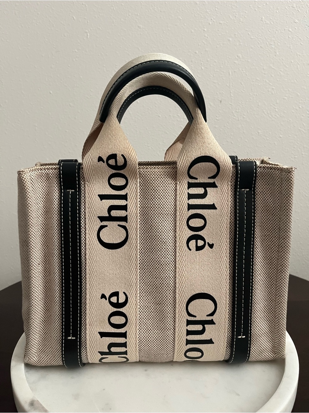 Chloé Beige Canvas Tote with Black Trim